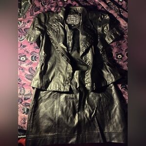 Women's Black Leather Jacket and Skirt Set